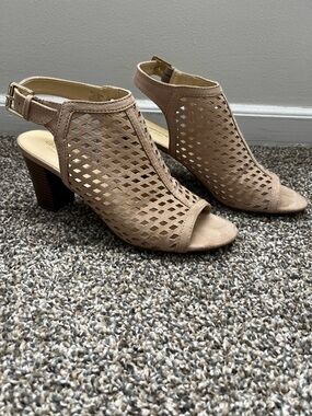 Liz Claiborne Taupe Perforated Peep-Toe Block Heel Sandals